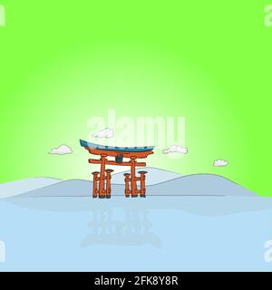 Miyajima, Hiroshima, Japan at the floating gate of Itsukushima Shrine isolated on green sky hand drawn illustration vector. Stock Vector