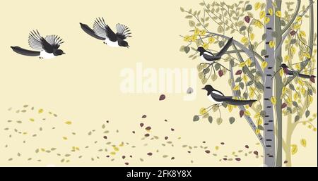 Vector banner with flying Magpies, birds on trees on autumn background with falling leaves. Decorative illustration in the flat style, copy space Stock Vector