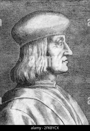 Aldus Manutius. Portrait of Italian scholar and founder of the Aldine Press, Aldus Pius Manutius (1449/1452-1515), engraving on vellum, 1482-1514, attributed to Giulio Campagnola Stock Photo