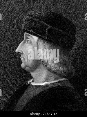 Aldus Manutius. Portrait of Italian scholar and founder of the Aldine Press, Aldus Pius Manutius (1449/1452-1515), 19th century engraving after Giovanni Bellini Stock Photo