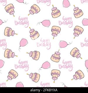 happy birthday girl seamless pattern with gifts, balloons. Vector Illustration Stock Vector