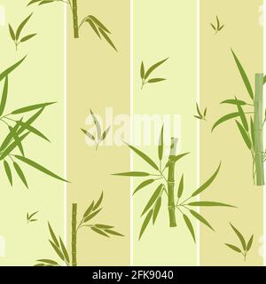 Bamboo stems and leaves on a background of light green monochrome stripes. Seamless pattern for textiles, paper or Wallpaper. Abstract vector illustra Stock Vector