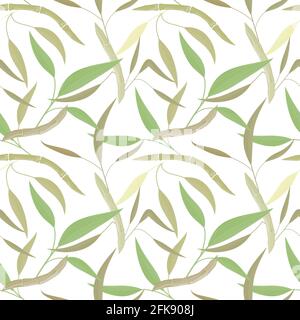Bamboo leaves and stems. Seamless texture in monochrome shades of green. Vector illustration on a white background. Stock Vector