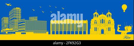 Vector city skyline silhouette - illustration,  Town in blue background,  Kiev Ukraine Stock Vector