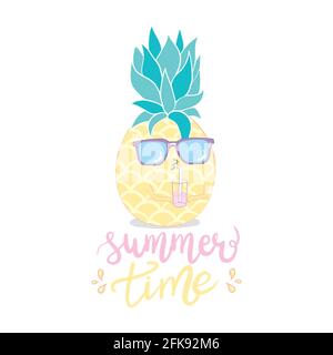 Funny vector background with pineapple in glasses, and hand written text "Hello summer". Hand drawing summer card. Stock Vector