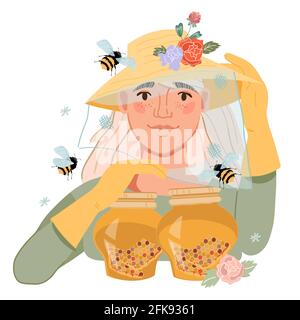 Beekeeper or apiarist female character with jar of honey, flat vector illustration isolated on white background. Beekeeping and honey extracting. Stock Vector