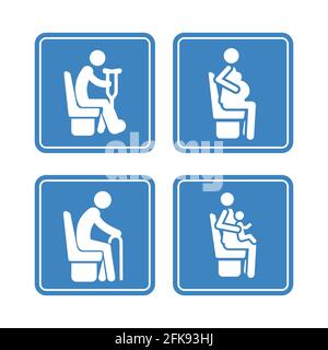Set of detailed blue icons of priority seats isolated on the white background Stock Vector