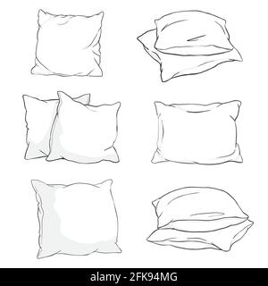 Set hand-drawn sketch style pillows - one, two, stack of four, hand holding pile of three pillows, vector illustration isolated on white background. S Stock Vector