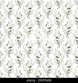 Seamless pattern with flowers and white Japanese cranes. Vector, illustration Stock Vector