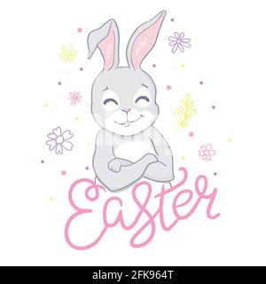 Easter bunny with a handwritten headline 'Happy Easter'. Vector illustration. Stock Vector