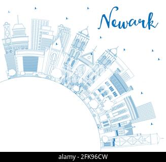 Outline Newark New Jersey City Skyline with Blue Buildings and Copy Space. Stock Vector