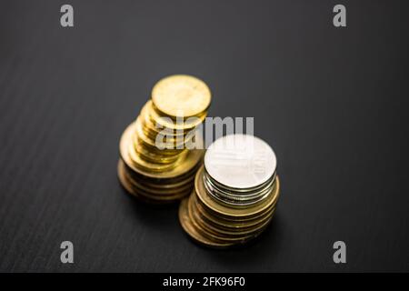 Detail of Romanian LEI coins currency. World money concept, inflation and economy concept Stock Photo