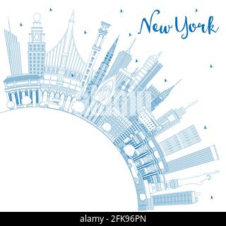 Outline New York USA City Skyline with Blue Buildings and Copy Space. Vector Illustration. New York Cityscape with Landmarks. Stock Vector