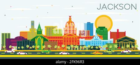 Jackson Mississippi City Skyline with Color Buildings and Blue Sky. Vector Illustration. Travel and Tourism Concept with Historic Architecture. Stock Vector