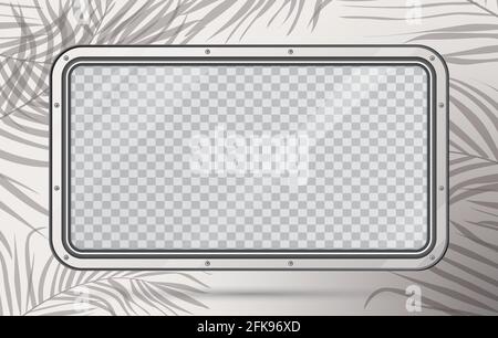 Train Window with Checkered Copy Space and Shadow from Palm Leaves. Realistic View From Inside of Train. Vector Illustration. Train Element. Travel De Stock Vector