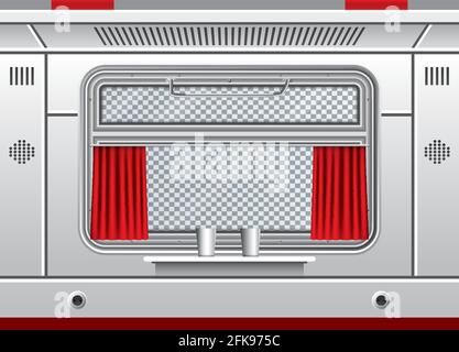 Train Wagon Interior with Window and Red Curtain. Train Travel. Comfortable Voyage. Vector Illustration. Passenger Compartment with Table, Glasses and Stock Vector