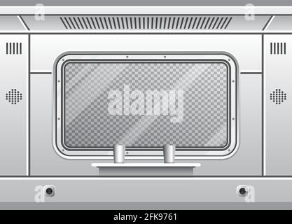 Train Wagon Interior with Window and Gray Wall. Vector Illustration. Passenger Compartment with Table and Sockets. Checkered Background for Copy Space Stock Vector