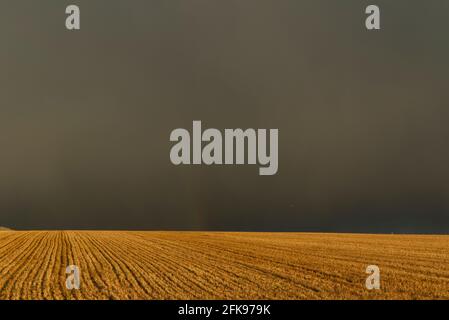 Stormy sky above sunlit fields Stock Photo