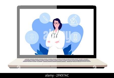 Online doctor women healthcare .Doctor video calling on a laptop. Online medical services, medical consultation.Vector illustration Stock Vector