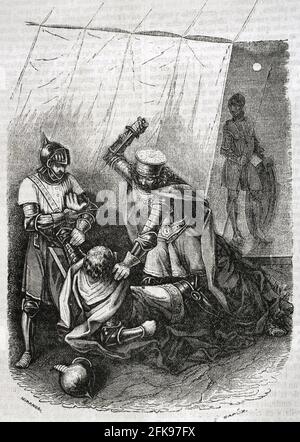 Peter I of Castile (1334-1369) called the Cruel or the Just. King of Castile from 1350 to 1369. Beltrán Duguesclín and the king's half-brother, Enrique de Trastámara, stabbing King Pedro I. Engraving by Capuz. Historia General de España by Father Mariana. Madrid, 1852. Stock Photo