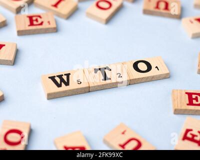 Assam, india - March 30, 2021 : Word WTO written on wooden cubes stock image. Stock Photo