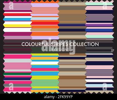Colourful striped seamless pattern collection includes 8 design swatches for fashion textiles, graphics Stock Vector