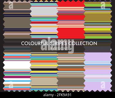 Colourful striped seamless pattern collection includes 8 design swatches for fashion textiles, graphics Stock Vector