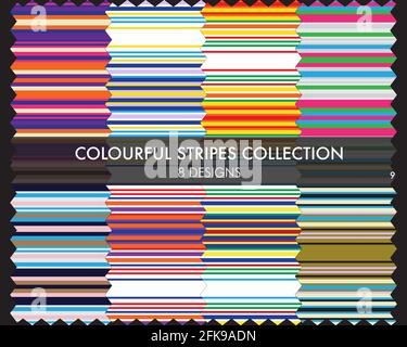 Colourful striped seamless pattern collection includes 8 design swatches for fashion textiles, graphics Stock Vector