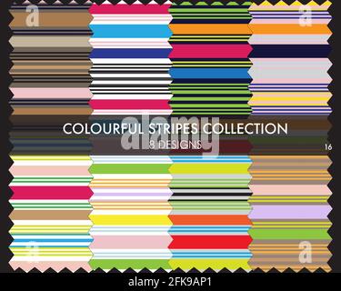 Colourful striped seamless pattern collection includes 8 design swatches for fashion textiles, graphics Stock Vector