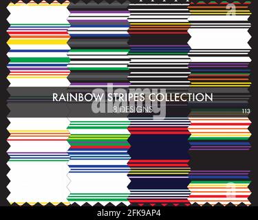 Rainbow striped seamless pattern collection includes 8 design swatches for fashion textiles, graphics Stock Vector