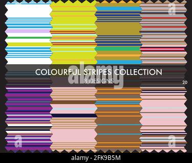 Colourful striped seamless pattern collection includes 8 design swatches for fashion textiles, graphics Stock Vector