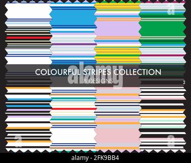 Colourful striped seamless pattern collection includes 8 design swatches for fashion textiles, graphics Stock Vector