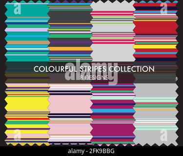 Colourful striped seamless pattern collection includes 8 design swatches for fashion textiles, graphics Stock Vector