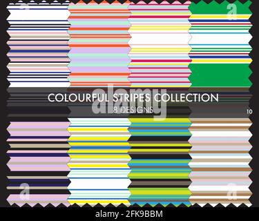 Colourful striped seamless pattern collection includes 8 design swatches for fashion textiles, graphics Stock Vector