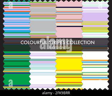 Colourful striped seamless pattern collection includes 8 design swatches for fashion textiles, graphics Stock Vector