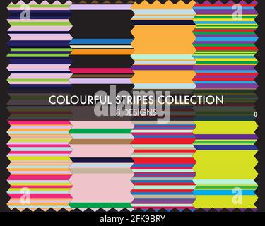 Colourful striped seamless pattern collection includes 8 design swatches for fashion textiles, graphics Stock Vector