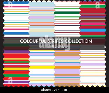 Colourful striped seamless pattern collection includes 8 design swatches for fashion textiles, graphics Stock Vector