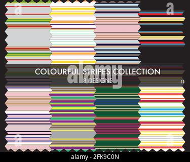 Colourful striped seamless pattern collection includes 8 design swatches for fashion textiles, graphics Stock Vector