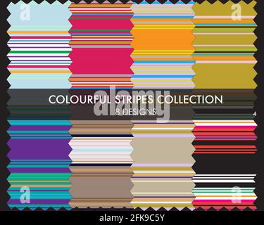 Colourful striped seamless pattern collection includes 8 design swatches for fashion textiles, graphics Stock Vector