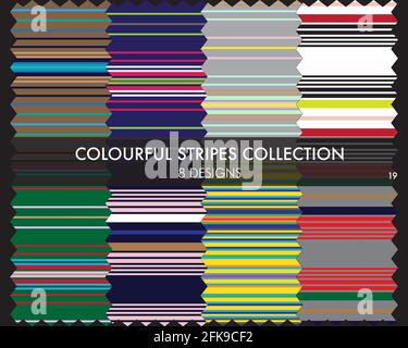 Colourful striped seamless pattern collection includes 8 design swatches for fashion textiles, graphics Stock Vector