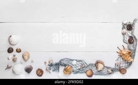 Seashells and fishing net on white wooden background, banner for own text Stock Photo