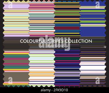 Colourful striped seamless pattern collection includes 8 design swatches for fashion textiles, graphics Stock Vector