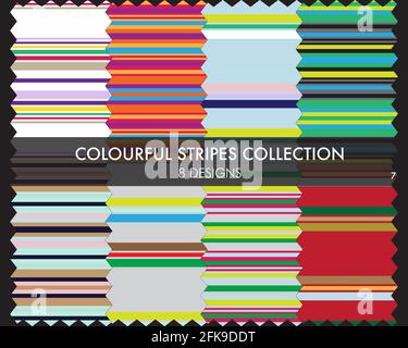 Colourful striped seamless pattern collection includes 8 design swatches for fashion textiles, graphics Stock Vector