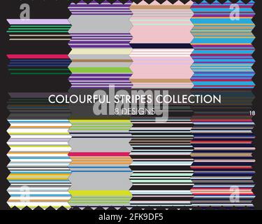 Colourful striped seamless pattern collection includes 8 design swatches for fashion textiles, graphics Stock Vector