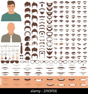 vector illustration of man face parts, character head, eyes, mouth, lips, hair and eyebrow icon set Stock Vector