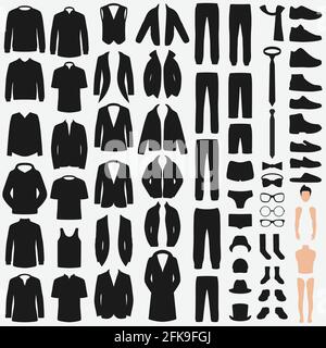 Set of man fashion. Clothes isolated on white. Vector clothing design. pants, suit, shirt and jacket Stock Vector