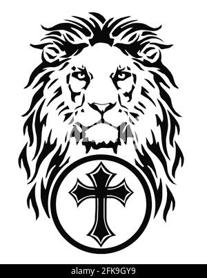 The Lion's head and the symbol of Christianity - the catholic cross,  drawing for tattoo, on a white background, illustration, black and white  Stock Photo - Alamy