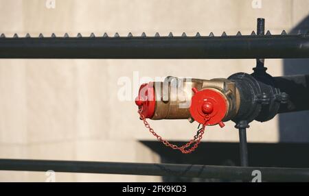Close up picture of a standpipe on a street of New York, selective focus, USA. Stock Photo