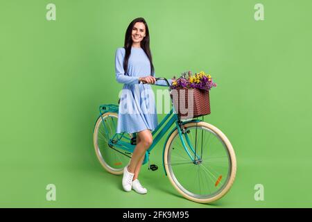 Full length profile photo of sweet brown hair lady with bicycle wear dress isolated on green background Stock Photo