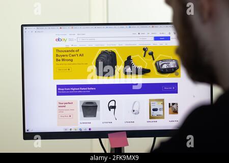 New York, USA - 26 April 2021: ebay website page on screen, man using service, Illustrative Editorial Stock Photo